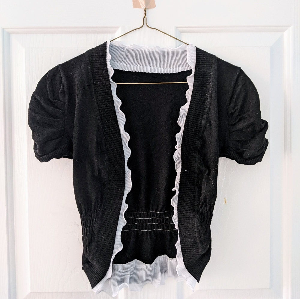 Short Sleeve Black & White Ruffled Cardigan 
